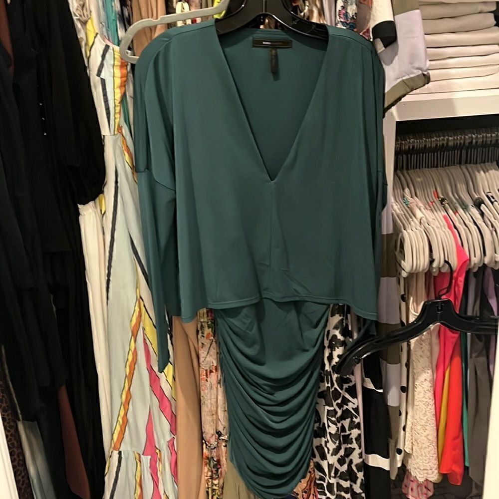 BCBG forest green long sleeve ruched dress, NWOT, size Small, holiday perfection